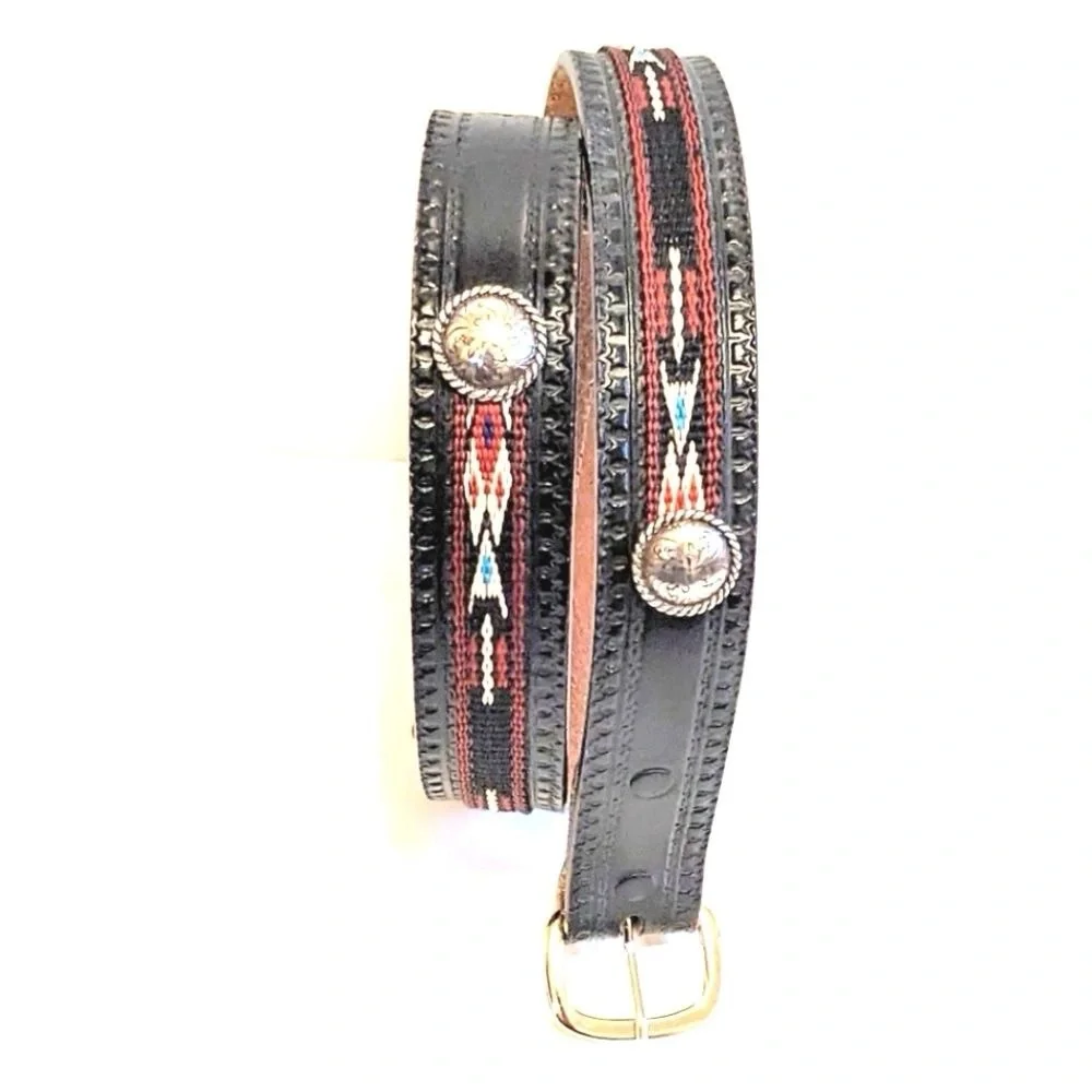 Southwestern Justin Top Grain Leather Woven Tribal Fabric Inlay Size Small Belt